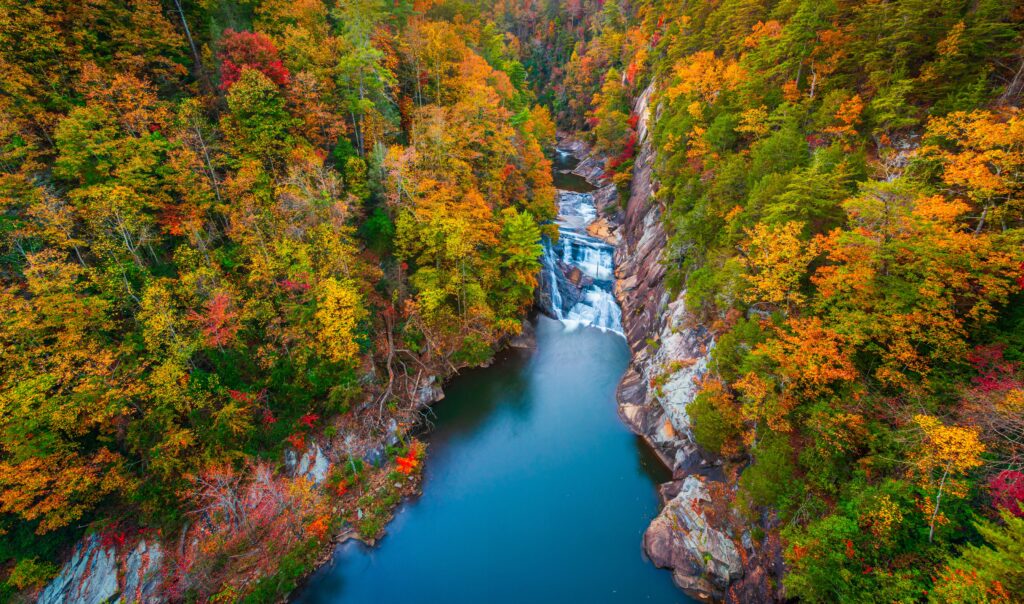 Tallulah Falls, Georgia, USA overlooking Tallulah Gorge in the autumn season.