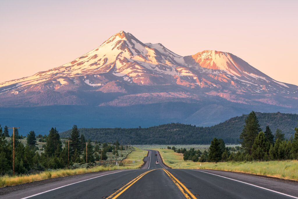 Highway Leading to Mount Shasta at Sunrise