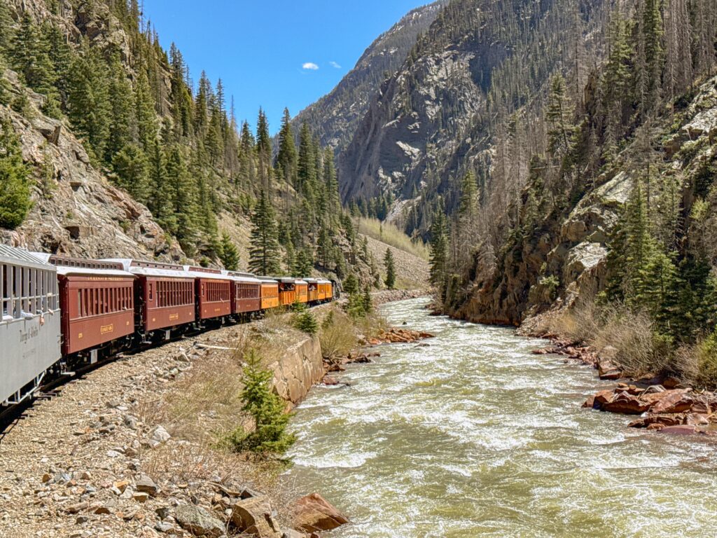 Durango, Colorado, USA: Train on the Durango and Silverton narrow gauge railway running alongside the Animas River through spectacular scenery