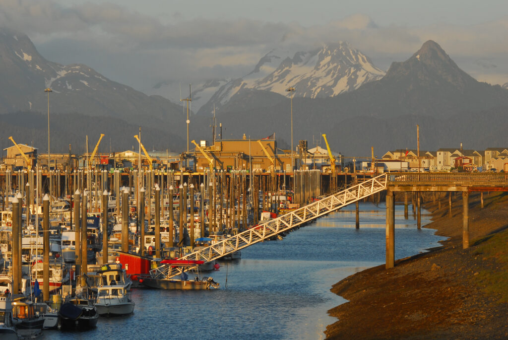 HOMER, ALASKA - JULY 15: The Homer small boat harbor on Kachemak Bay of the Kenai Peninsula of Alaska. Homer is known by many as the Halibut fishing capital of the world.