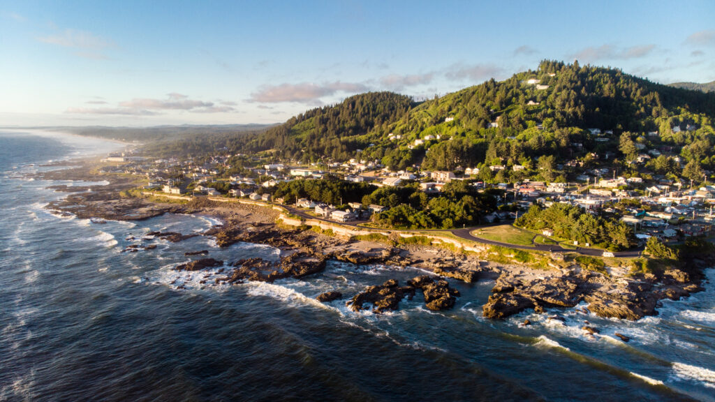 The town of Yachats on the rough Oregon coast in a beautiful sunset  scene