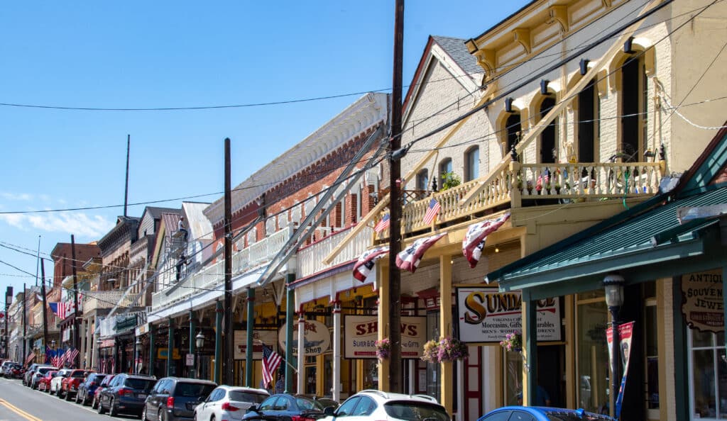 Virginia City, Nevada / USA: Stores Along the Streets of Old Gold and Silver Mining Town of Virginia City