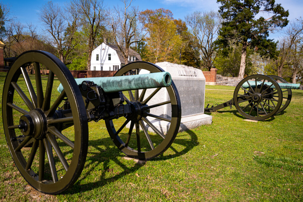 Cannons and a stone plaque at the Shiloh National Military Park, the site of the American Civil War, Battle of Shiloh.