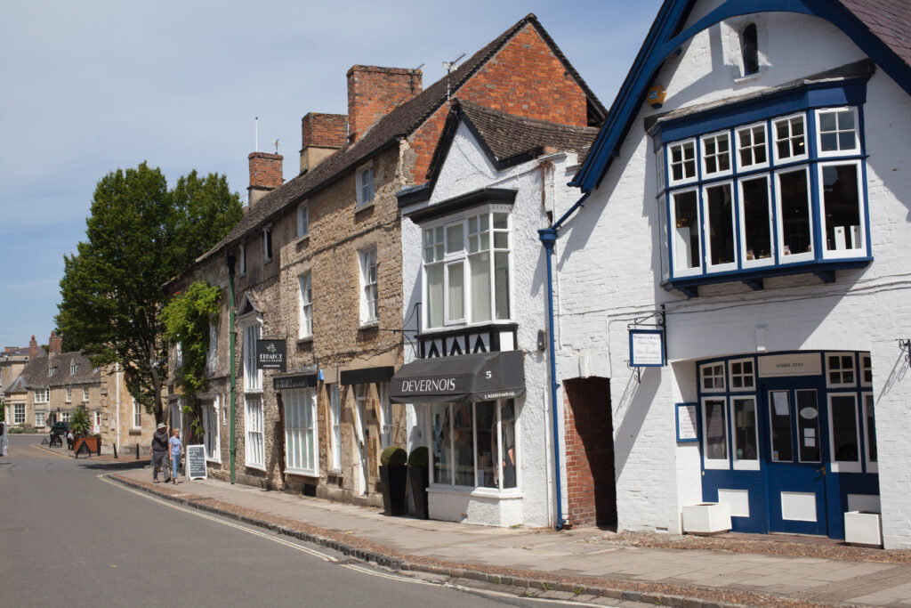 Woodstock, Oxfordshire, UK Commercial buildings on The High Street in Woodstock, Oxfordshire in the UK