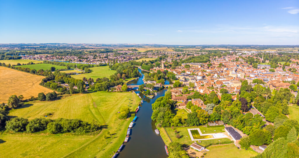 Aerial view of the river Thames near Abingdon, UK