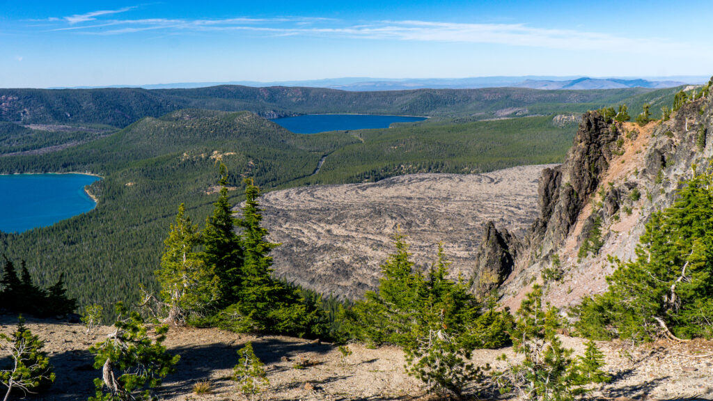 Newberry National Volcanic Monument, view from the top of Paulina Peak, Paulina Lake, East lake and an obsidian field created during the last eruption of the volcano