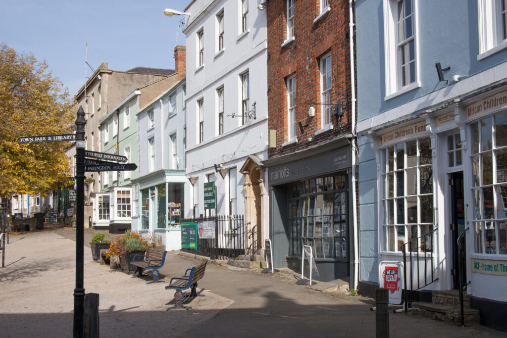 Views of shops and businesses in Faringdon town centre in Oxfordshire in the UK