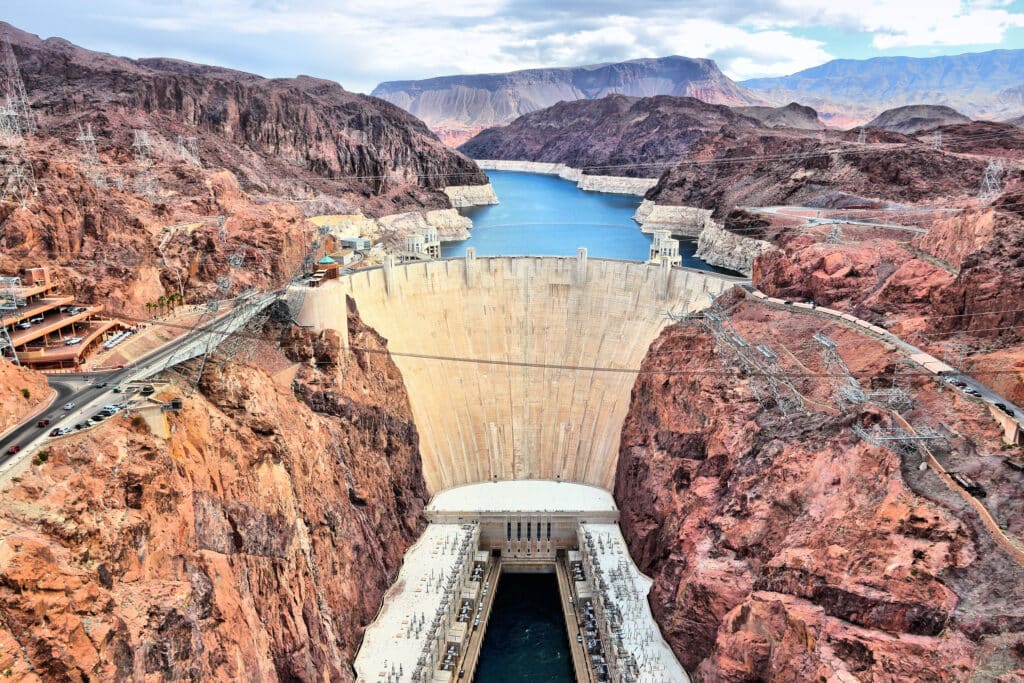Hoover Dam in United States. Hydroelectric power station on the border of Arizona and Nevada.