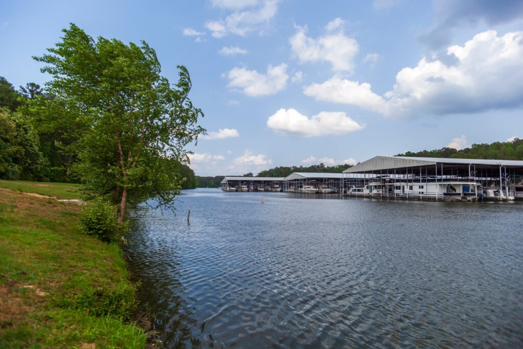 Boats docked at the Pickwick Landing State Park Marina on the Tennessee River.