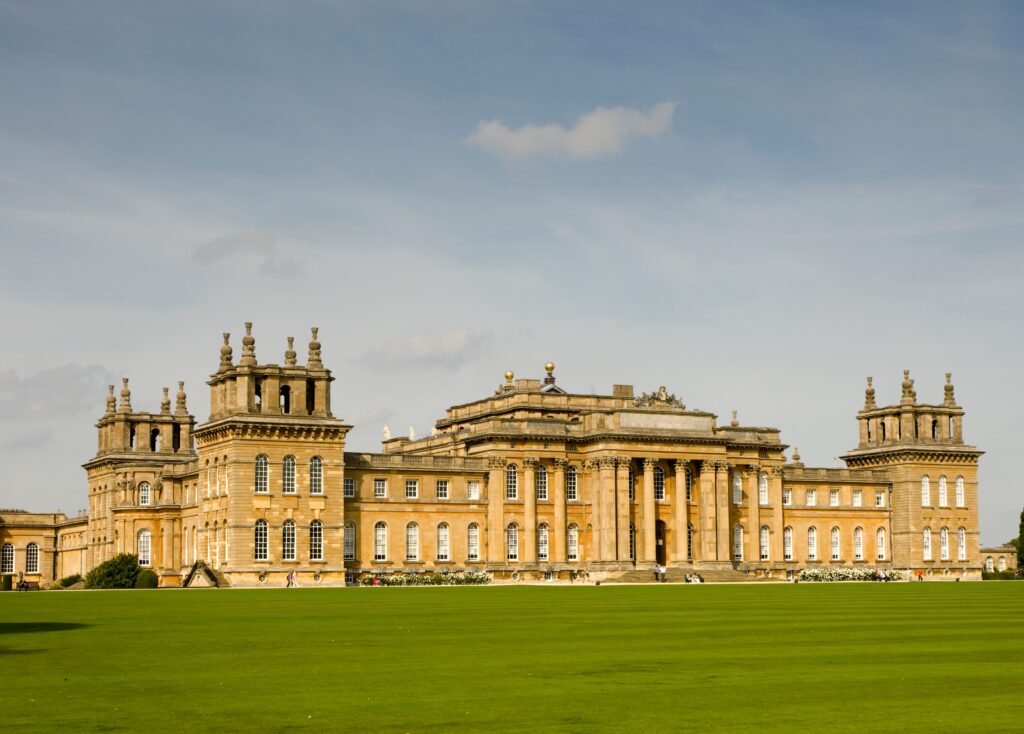 Woodstock, Oxfordshire, UK - The South facade of Blenheim Palace in autumn sunshine.