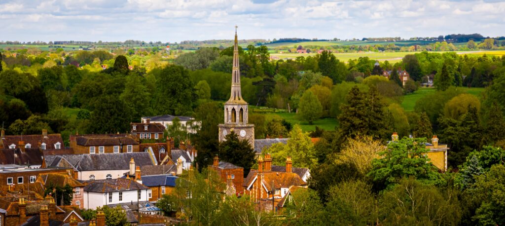 Aerial view of Wallingford, a historic market town and civil parish located between Oxford and Reading on the River Thames in England, UK