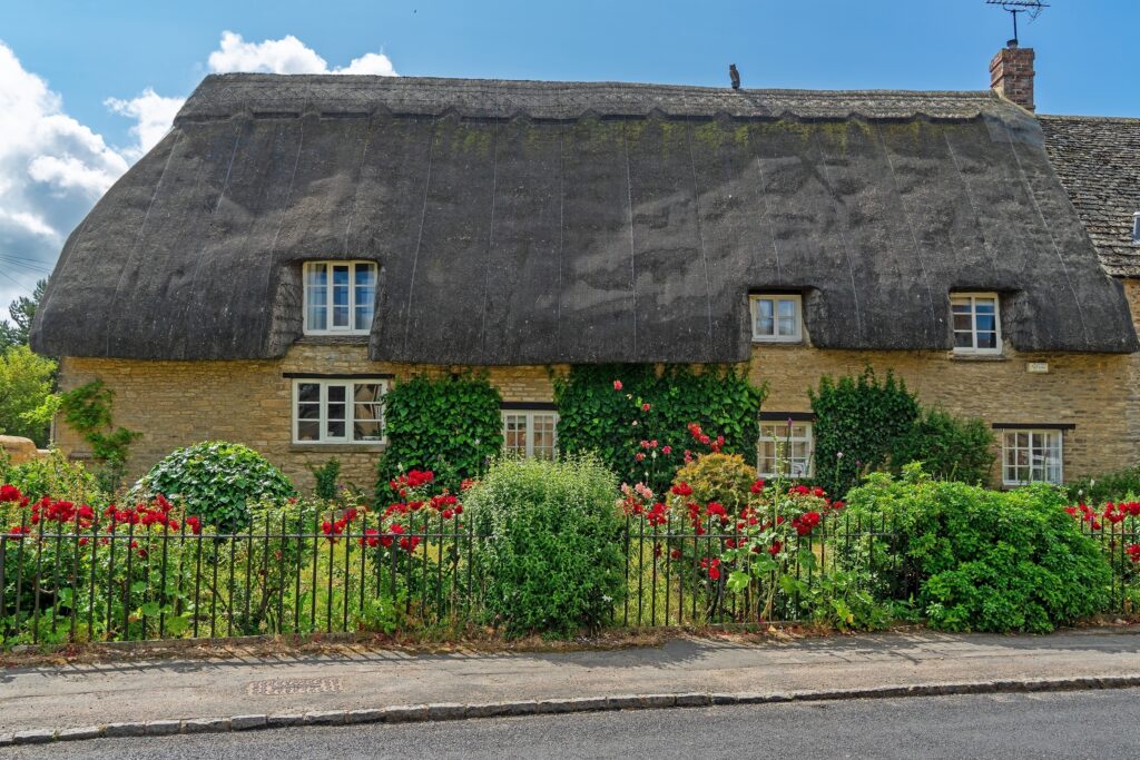 Bampton, Oxfordshire, UK, one of the few thatched cottages in the village with dormer windows and a garden full of summer roses in full bloom.