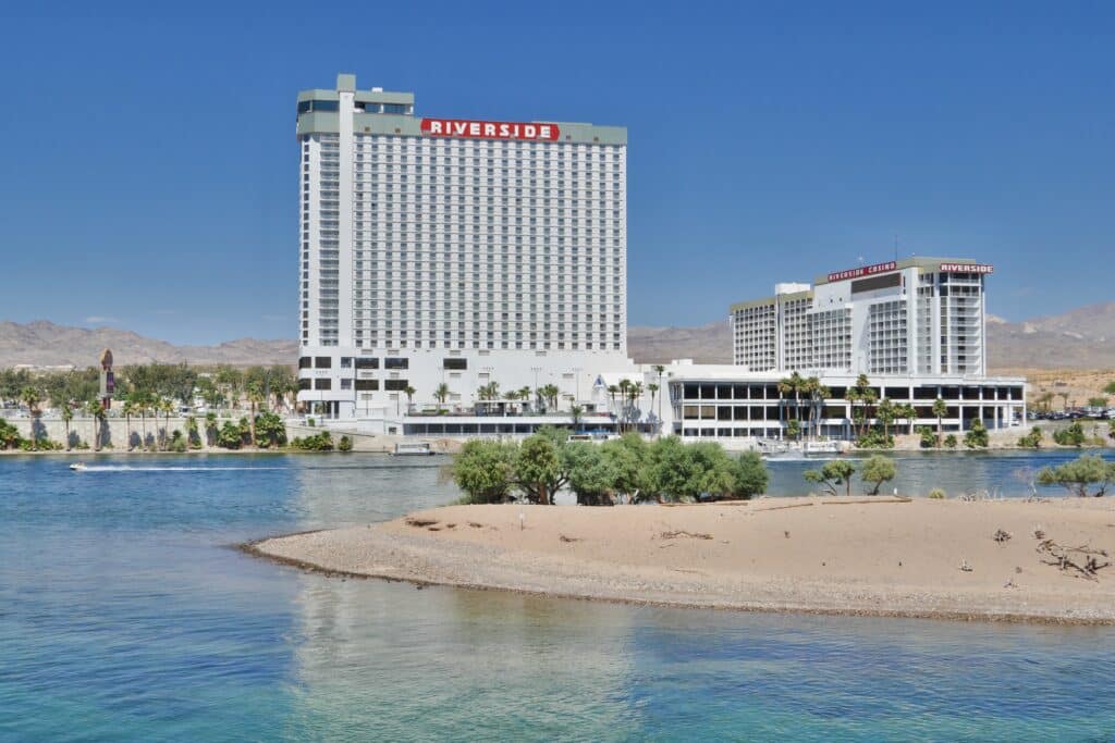 Laughlin, Nevada, USA: Riverside Resort Hotel and Casino along Colorado river.