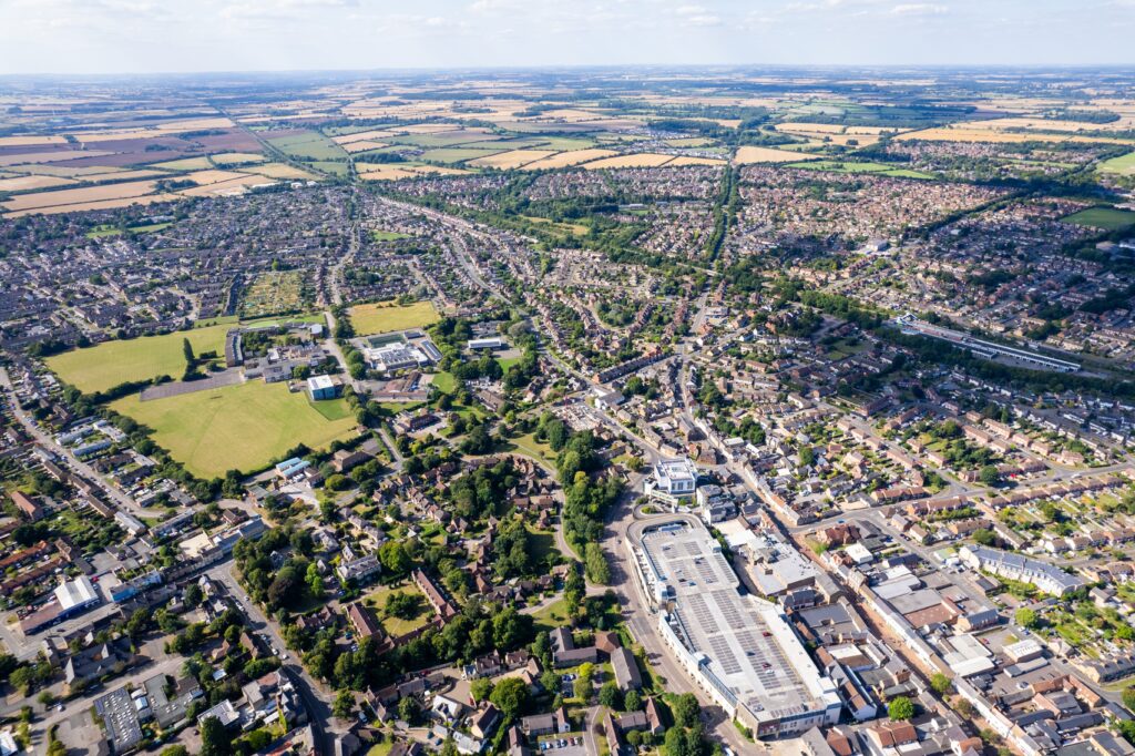 Bicester Village and Bicester town center, amazing aerial view in summer daytime, uk