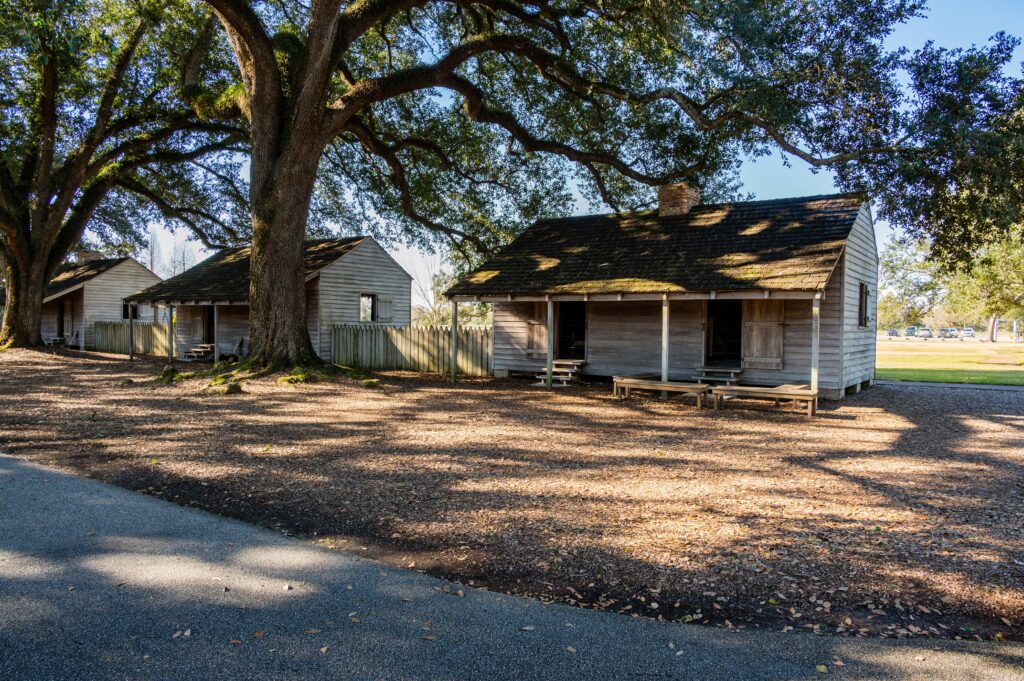 Panorama of the Oak Alley Plantation farm is a historic Louisiana plantation located on the west bank of the Mississippi River in the community of Vacherie