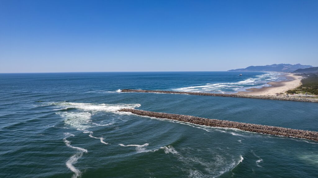 Aerial view of Tillamook Bay south jetty, Oregon