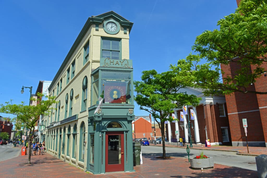 Portland Arts District H. H. Hay Building was built in 1820 at the corner of Free and Congress streets in the heart of Arts District of Portland, Maine, USA
