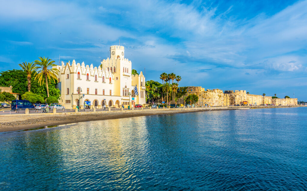 Kos Town Harbour and Neratzia Castle wall view in Kos Island.