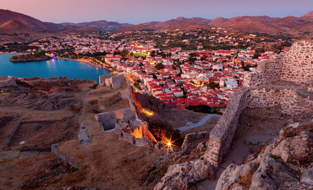 Panoramic view to Myrina village from the old fortress, Lemnos island, Greece