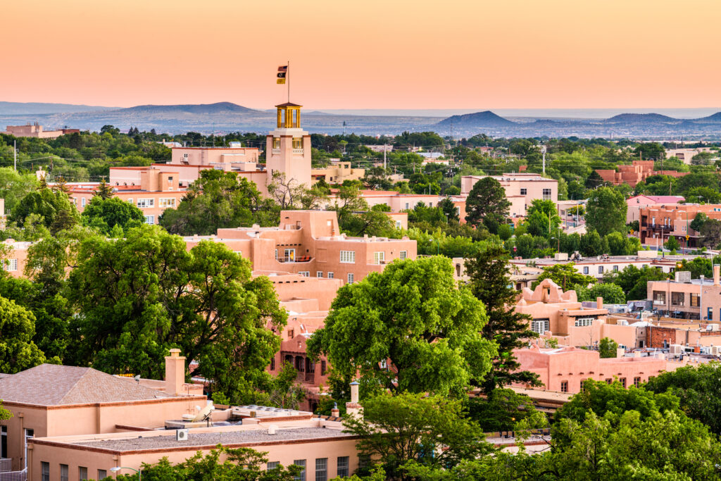 Santa Fe, New Mexico, USA downtown skyline at dusk.