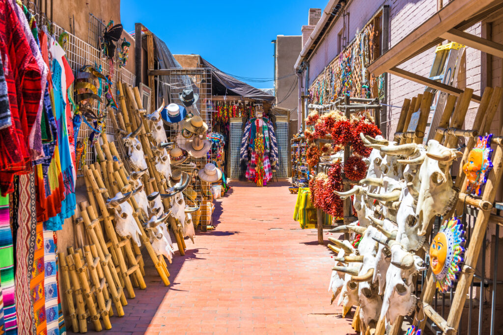 Santa Fe, New Mexico, USA market selling traditional southwestern goods.