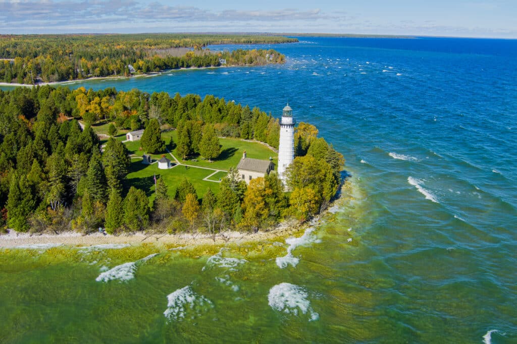 The famous Cana Island lighthouse located next to lake Michigan in Door County Wisconsin with a drone.