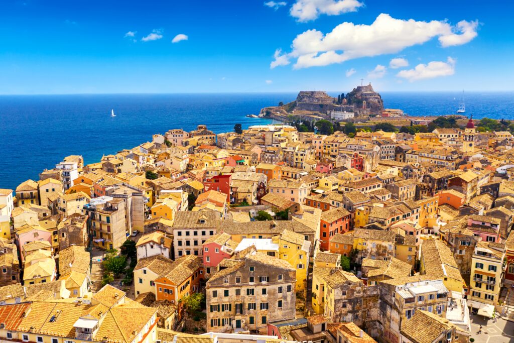 Aerial drone view of Kerkyra with old Fortress during summer sunny day. Corfu island, Greece