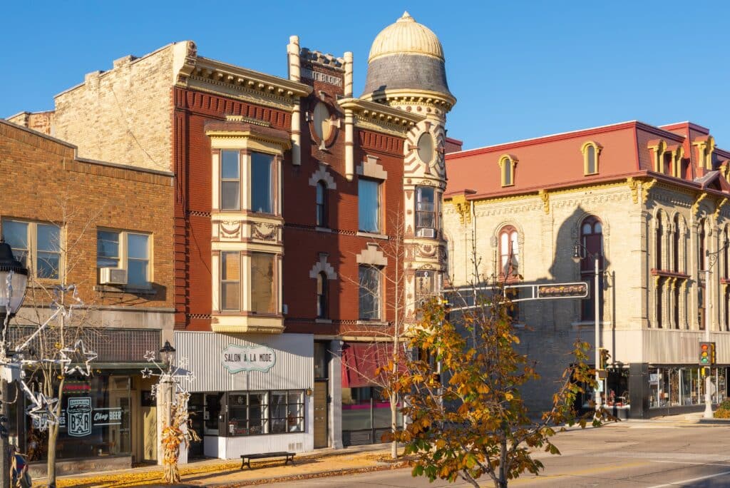 Janesville, Wisconsin - United States: Exterior of old brick building in downtown Janesville, Wisconsin.