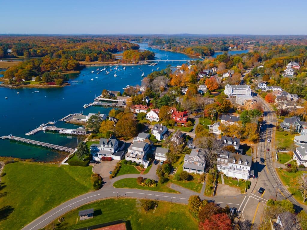 York River aerial view at Stage Neck at the river mouth to York Harbor in town of York, Maine ME, USA.