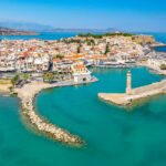 Rethymno city at Crete island in Greece. Aerial view of the old venetian harbor and Venetian Fortezza Castle