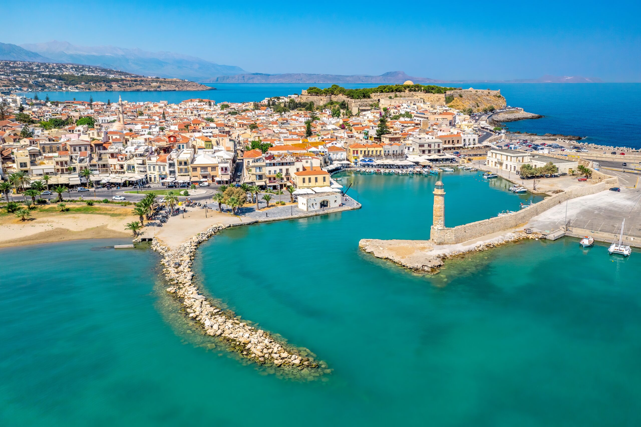 Rethymno city at Crete island in Greece. Aerial view of the old venetian harbor and Venetian Fortezza Castle