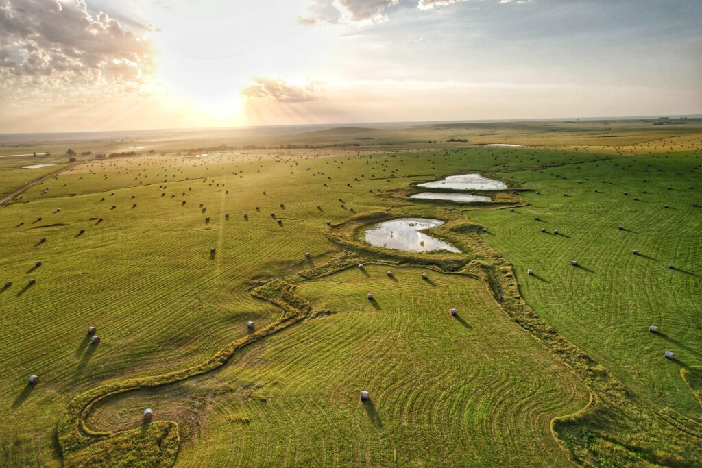 Late summer hay bales from the air in the Flint Hills of Kansas