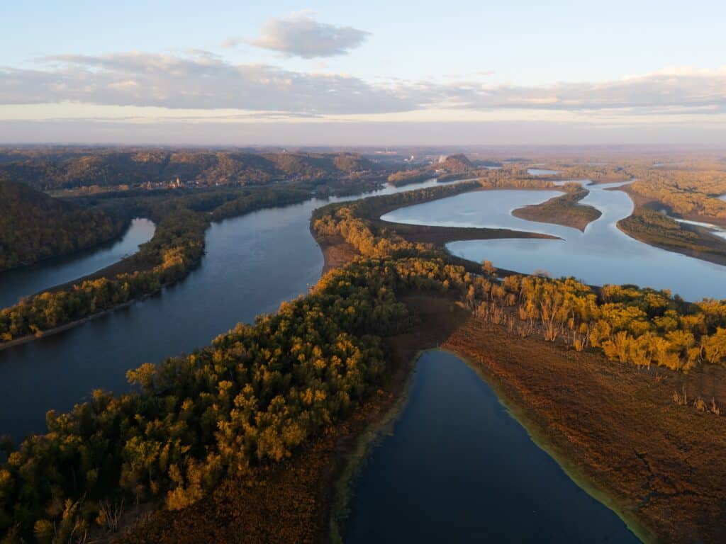 Aerial view of Wisconsin’s Driftless Area natural landscape scenery in peak autumn colors.