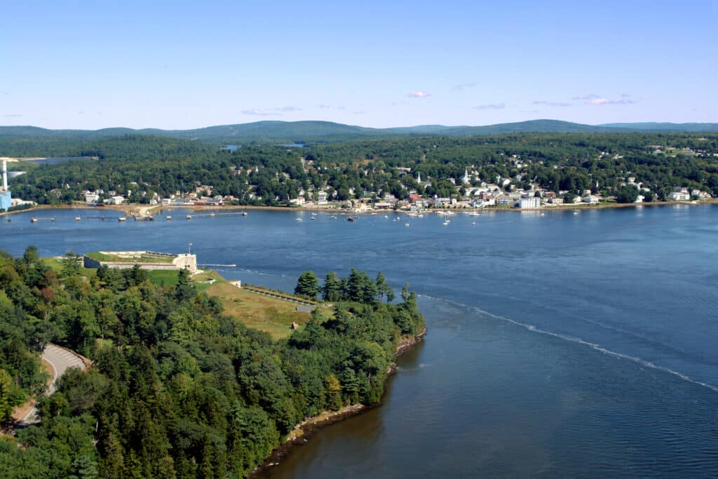 The scenic Penobscot River between historic Fort Knox and the quaint town of Bucksport in Maine