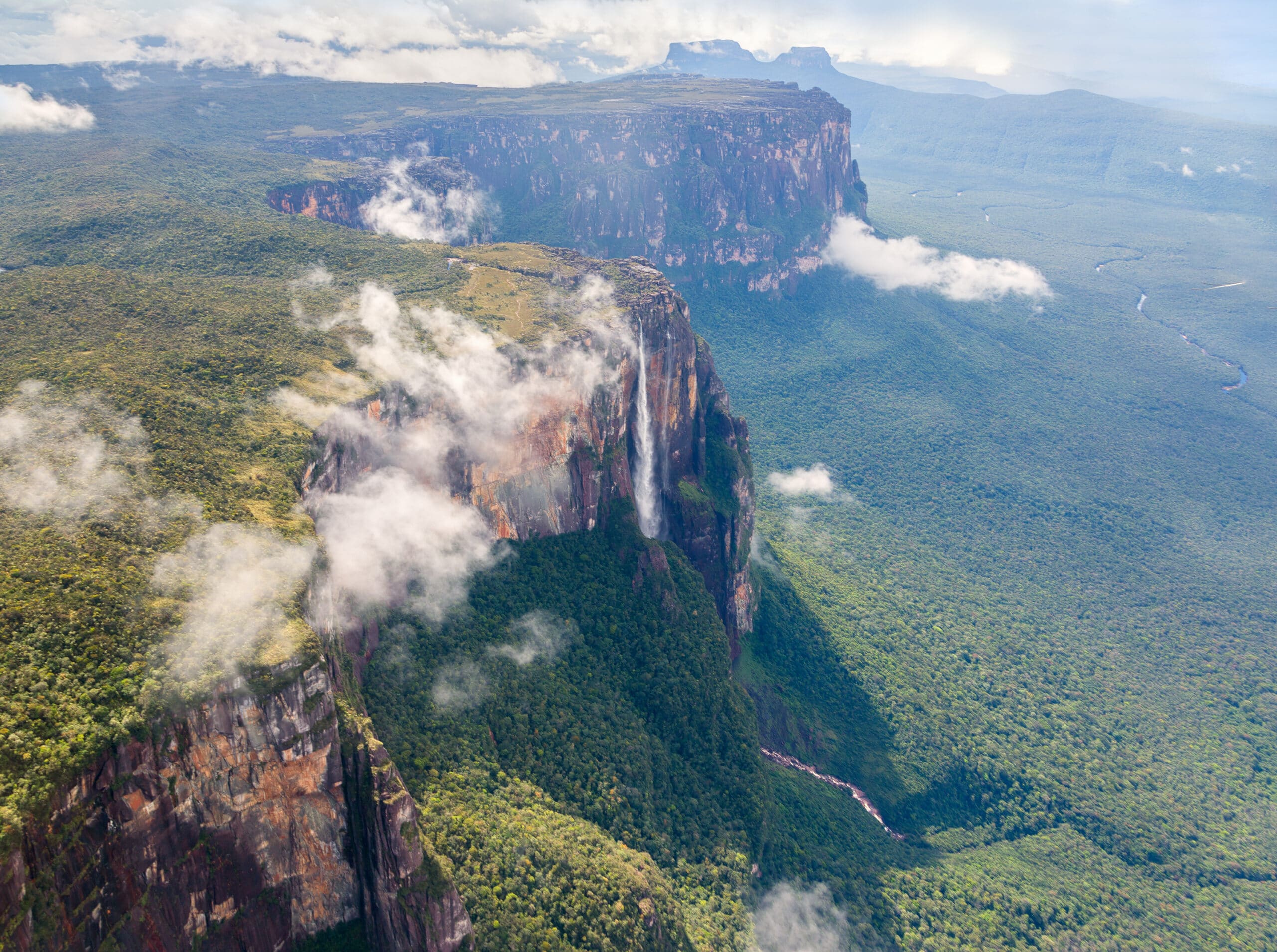 Venezuela. The view from the plane of the source of the river supply Angel Falls is worlds highest waterfall (978 m) - Latin America