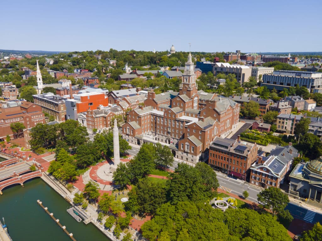 Providence County Courthouse Building aerial view including State Superior Court and Supreme Court, with World War I Memorial, Providence, Rhode Island, USA. 
