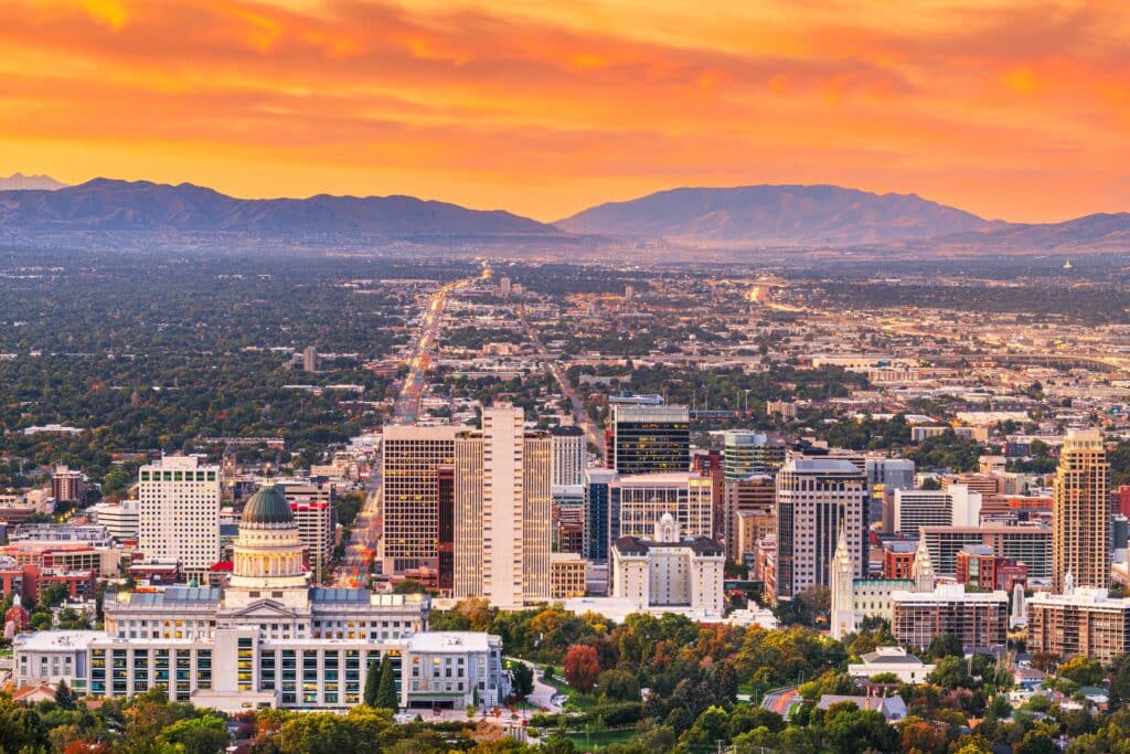 Salt Lake City, Utah, USA downtown city skyline at dusk.
