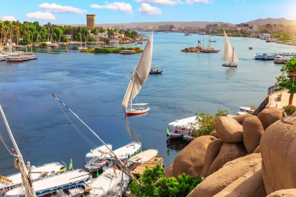 Aswan city, beautiful scenery of the Nile and boats, upper Egypt