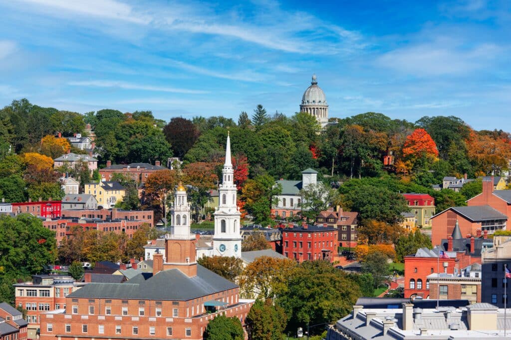 Providence, Rhode Island, USA historic New England architecture with early autumn foliage.