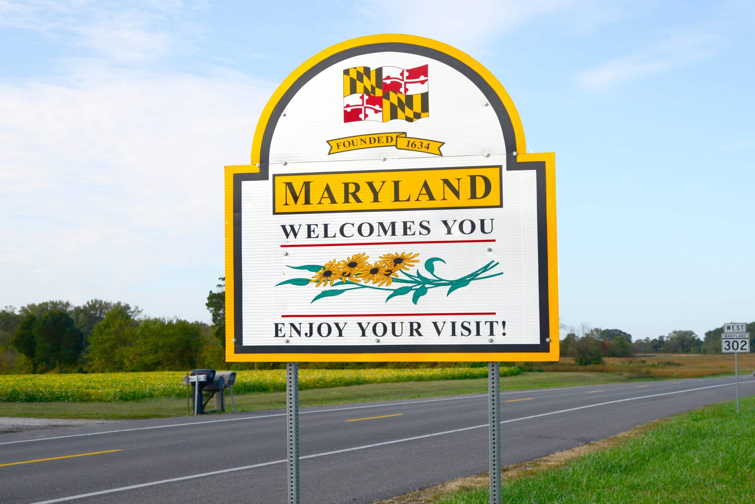 Welcome to the state of Maryland road sign entering the state created