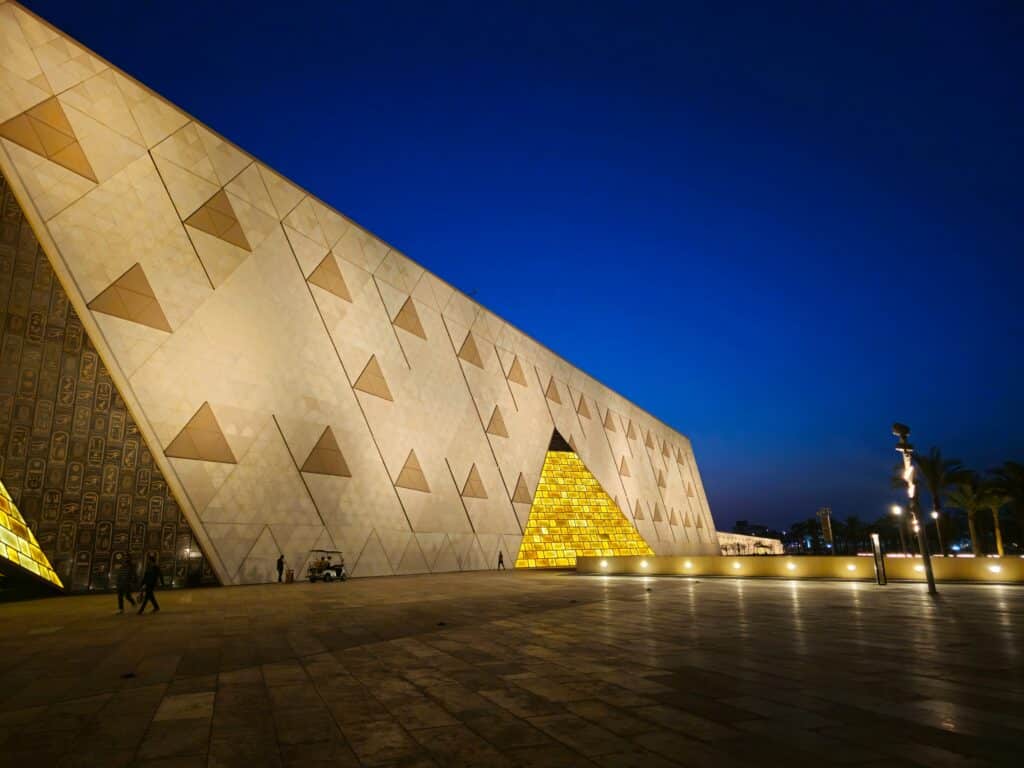 Giza, Egypt: The Exterior of The Grand Egyptian Museum GEM, an archaeological museum under construction in Giza, Egypt, near the Giza pyramid complex, Giza Museum of Ancient Egypt