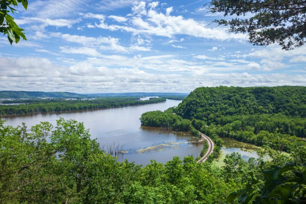 Mississippi River viewed from the bluffs at Effigy Mounds National Monument on a bright summer day