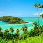 View of Devil Island from Isle Royale in archipelago of Salvation Islands in French Guiana, South America