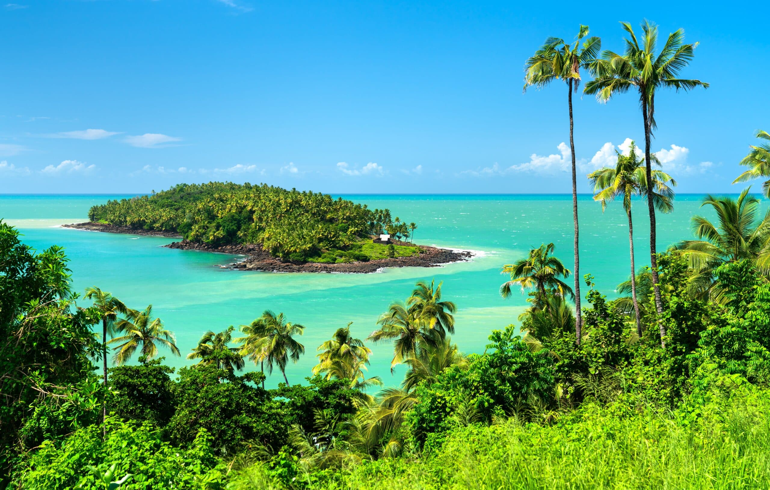 View of Devil Island from Isle Royale in archipelago of Salvation Islands in French Guiana, South America