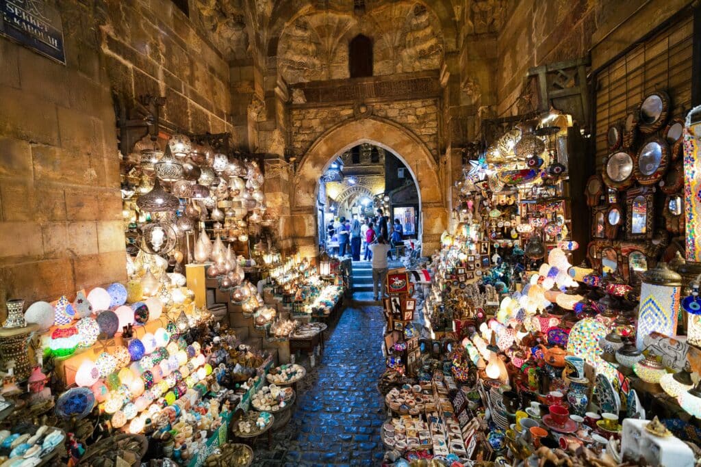 Cairo, Egypt -Streets Illuminated by Lanterns and Overflowing with Traditional Egyptian Goods.at Khan El-Khalili Bazaar at Night.