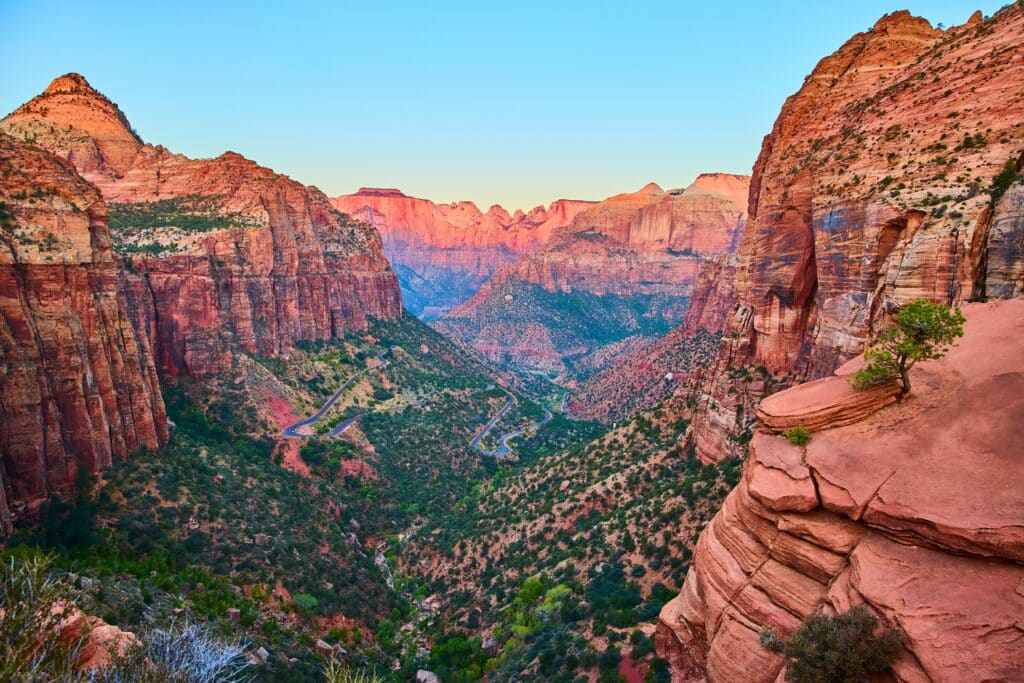 Zion National Park Sandstone Cliffs and Road at Golden Hour Vantage Point