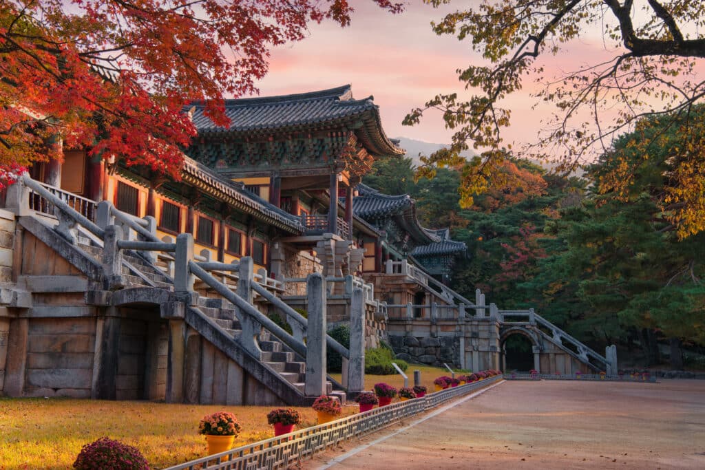 Bulguksa Temple in Gyeongju surrounded by autumn foliage