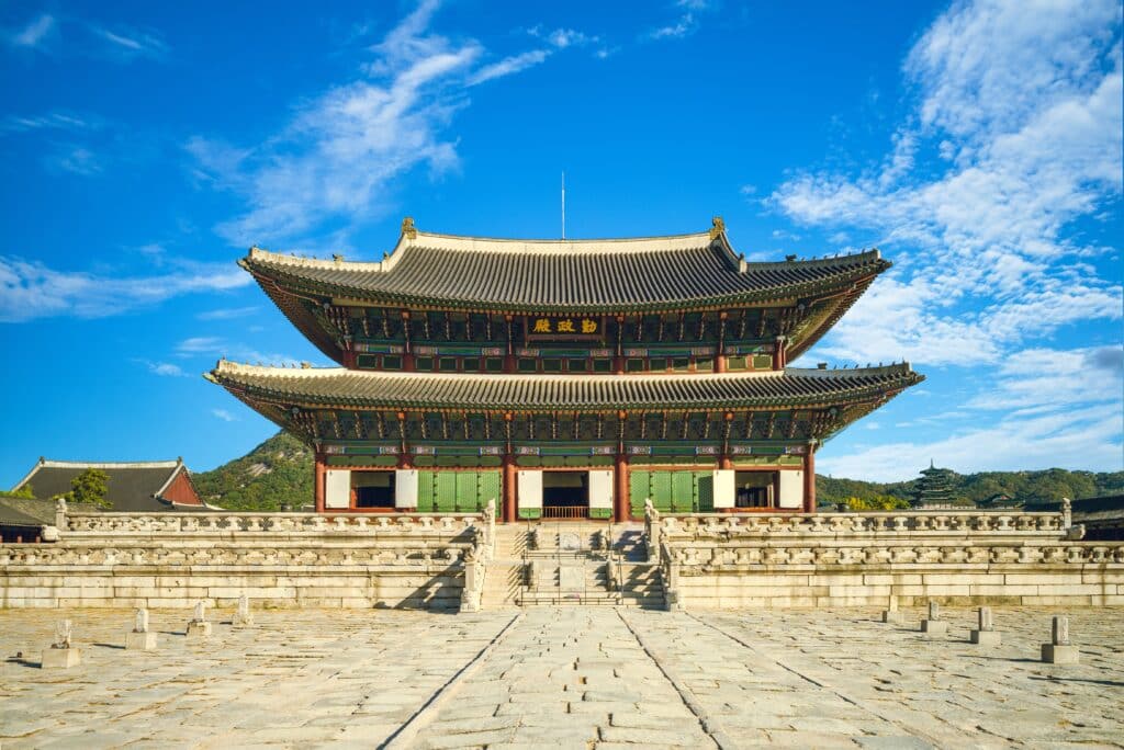 Geunjeongjeon, main throne hall Front view of Gyeongbokgung Palace main hall in Seoul, South Korea