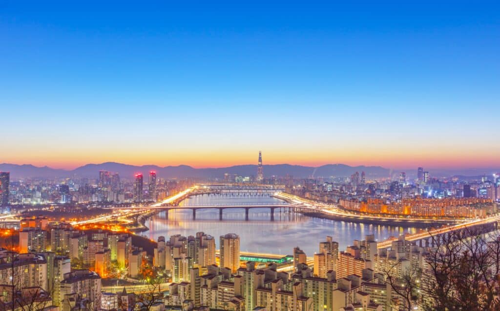 Night view of Seoul with Han River and illuminated bridges