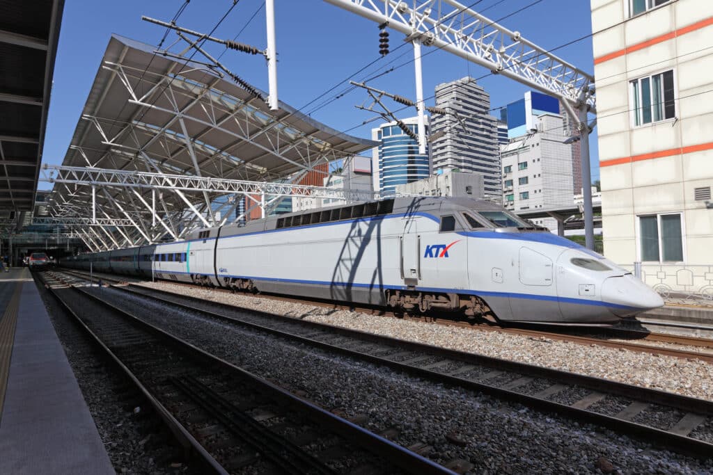 KTX train at a station in South Korea used for fast intercity travel